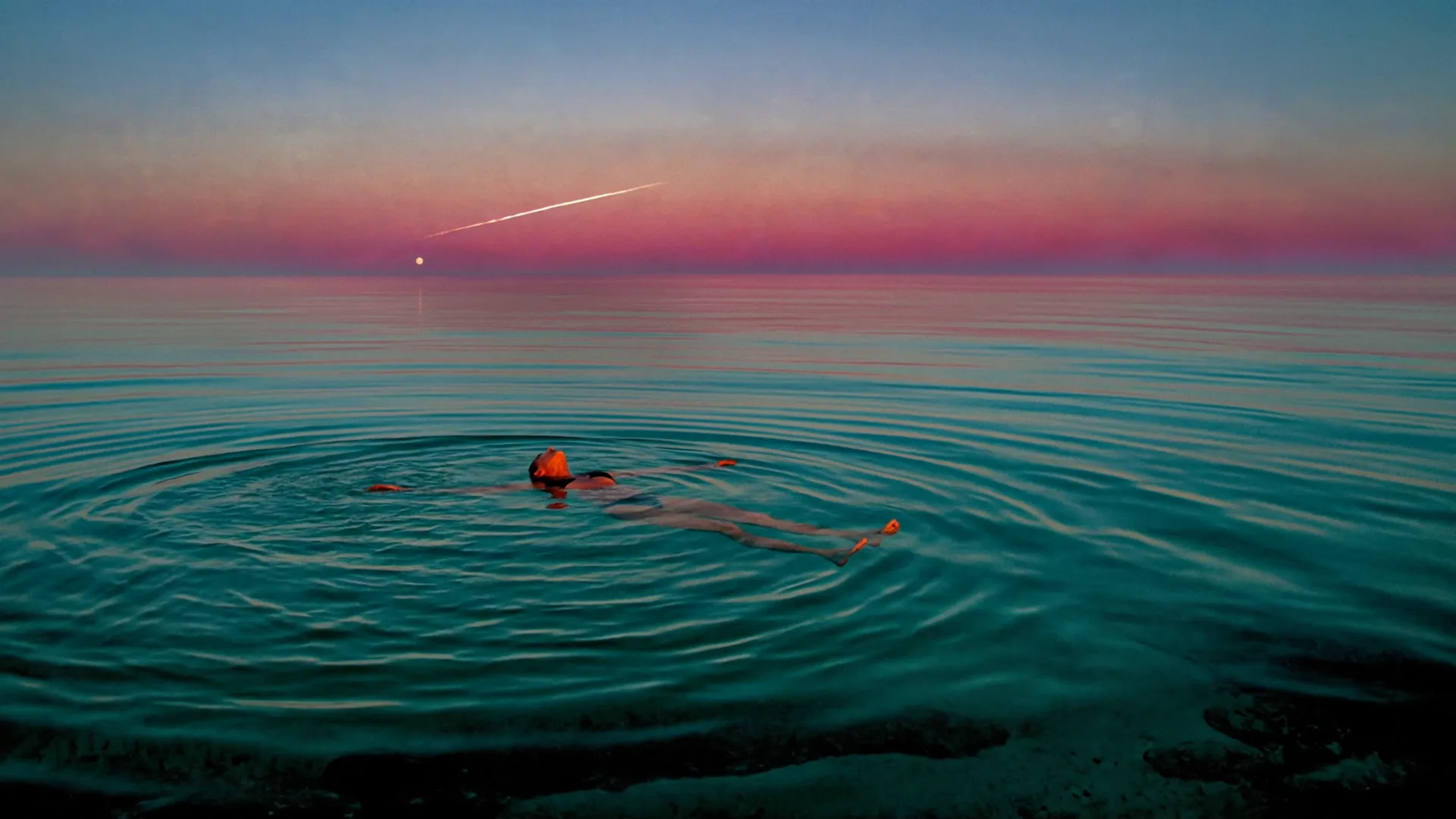 the swimmer and the water, the swimmer drifts a hand-width, the moonpath ripples, nothing else changes, camera slow push in, subtle, slow motion, steady camera
