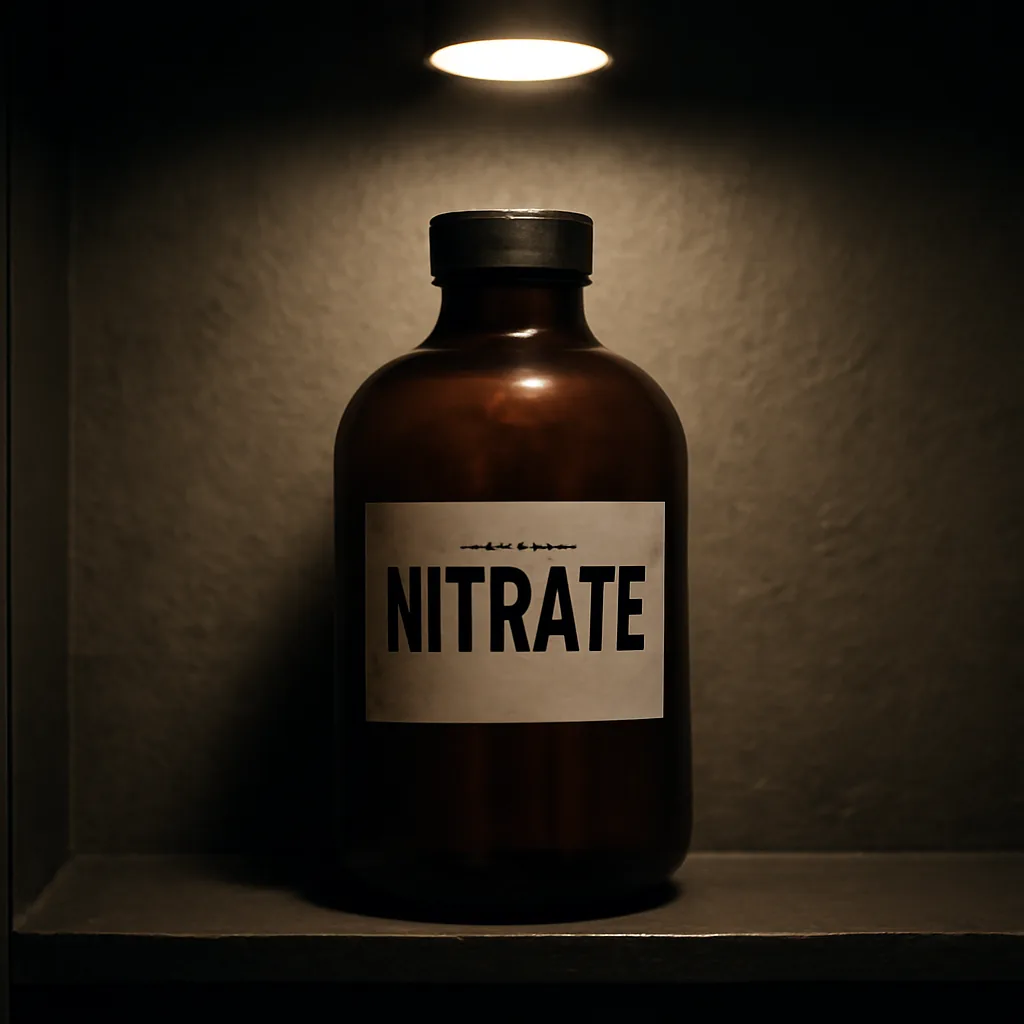 A brown glass chemical bottle on a darkroom shelf with a plain paper label that reads exactly "NITRATE" in bold black capitals, single overhead bulb