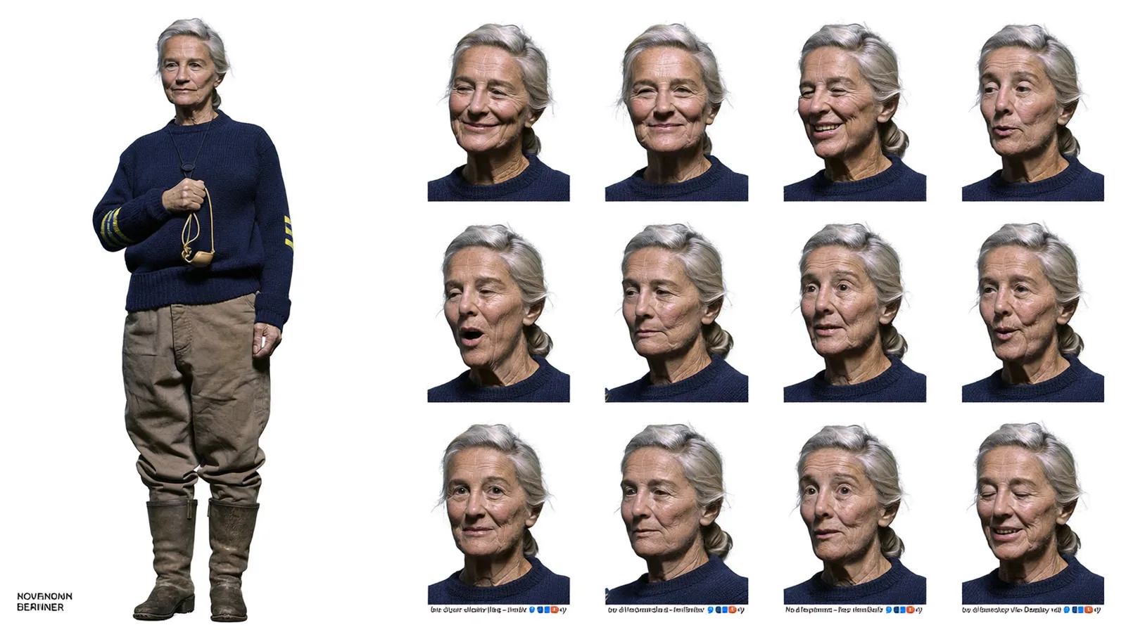 Character expression sheet, one full-body reference on the left and a grid of head-and-shoulders portraits on the right showing varied expressions (neutral, smiling, serious, surprised), identical original character on all views, pure white seamless studio background, professional character sheet presentation, an original fictional lighthouse keeper, a woman in her late fifties, weathered fair skin, silver-grey hair in a low bun, oval face with a defined jaw, high cheekbones and mature bone structure, sturdy, average-height build, wearing a navy wool fisherman sweater, waxed canvas trousers, a brass whistle on a cord, worn leather boots, no bag, visible fine skin texture with natural pores, fine lines, subtle asymmetries, no digital smoothing, no beauty filter, no AI-airbrushed look, matte-to-natural complexion, naturally muted catchlights, no oversized specular glare in the iris, in a style described as "maritime drama genre, present day era"