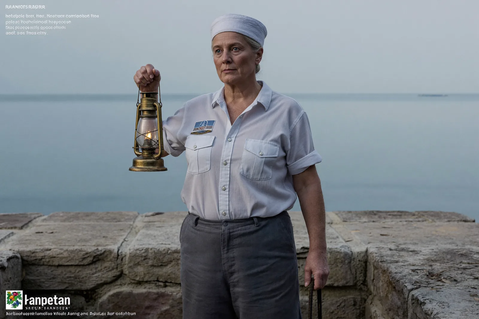 the same original lighthouse keeper standing at the rail of a stone jetty, holding an unlit brass storm lantern, sea mist behind her, visible fine skin texture with natural pores, no digital smoothing, no beauty filter, soft overcast dawn light, soft diffused lighting without harsh reflections, quiet mood, in a style described as "maritime drama genre, present day era, high-end but unretouched commercial photography style, cinematic realism"