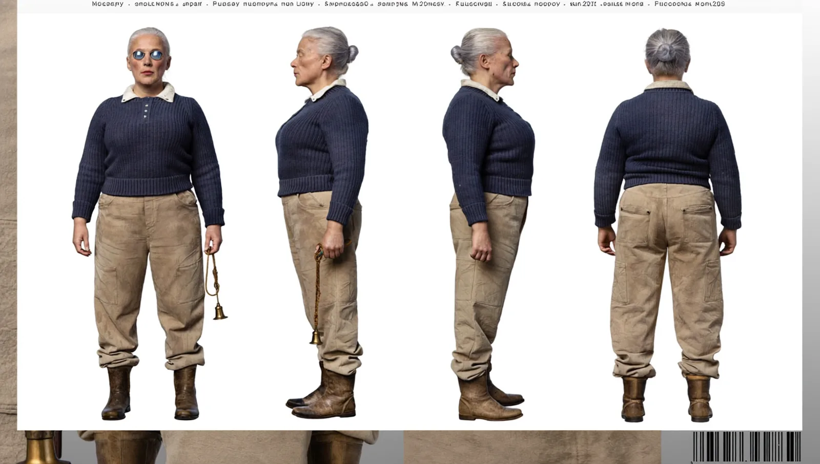 Character turnaround model sheet, four consistent full-body views in a row — front view, 3/4 view, side profile, and back view, evenly spaced, identical original character on all views, pure white seamless studio background, professional character sheet presentation, an original fictional lighthouse keeper, a woman in her late fifties, weathered fair skin, silver-grey hair in a low bun, oval face with a defined jaw, high cheekbones and mature bone structure, sturdy, average-height build, wearing a navy wool fisherman sweater, waxed canvas trousers, a brass whistle on a cord, worn leather boots, no bag, visible fine skin texture with natural pores, fine lines, subtle asymmetries, no digital smoothing, no beauty filter, no AI-airbrushed look, matte-to-natural complexion, naturally muted catchlights, no oversized specular glare in the iris, in a style described as "maritime drama genre, present day era"