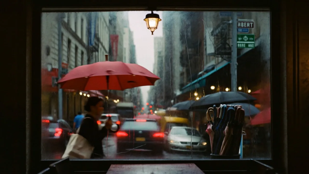 the street through the glass, the red umbrella crosses left to right, rain tracks slide down the glass, the camera holds, camera static shot, subtle, slow motion, steady camera