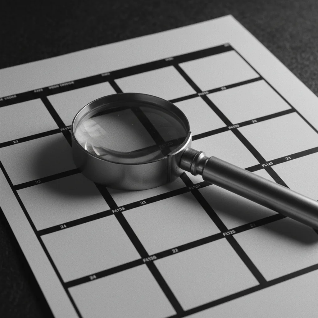 a loupe resting on a contact sheet of blank frames, grain visible