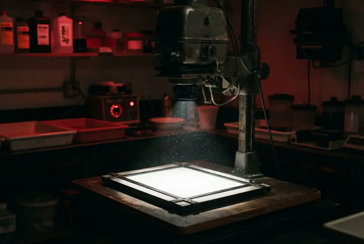 An old enlarger head casting a hard rectangle of light onto an empty easel, dust in the beam