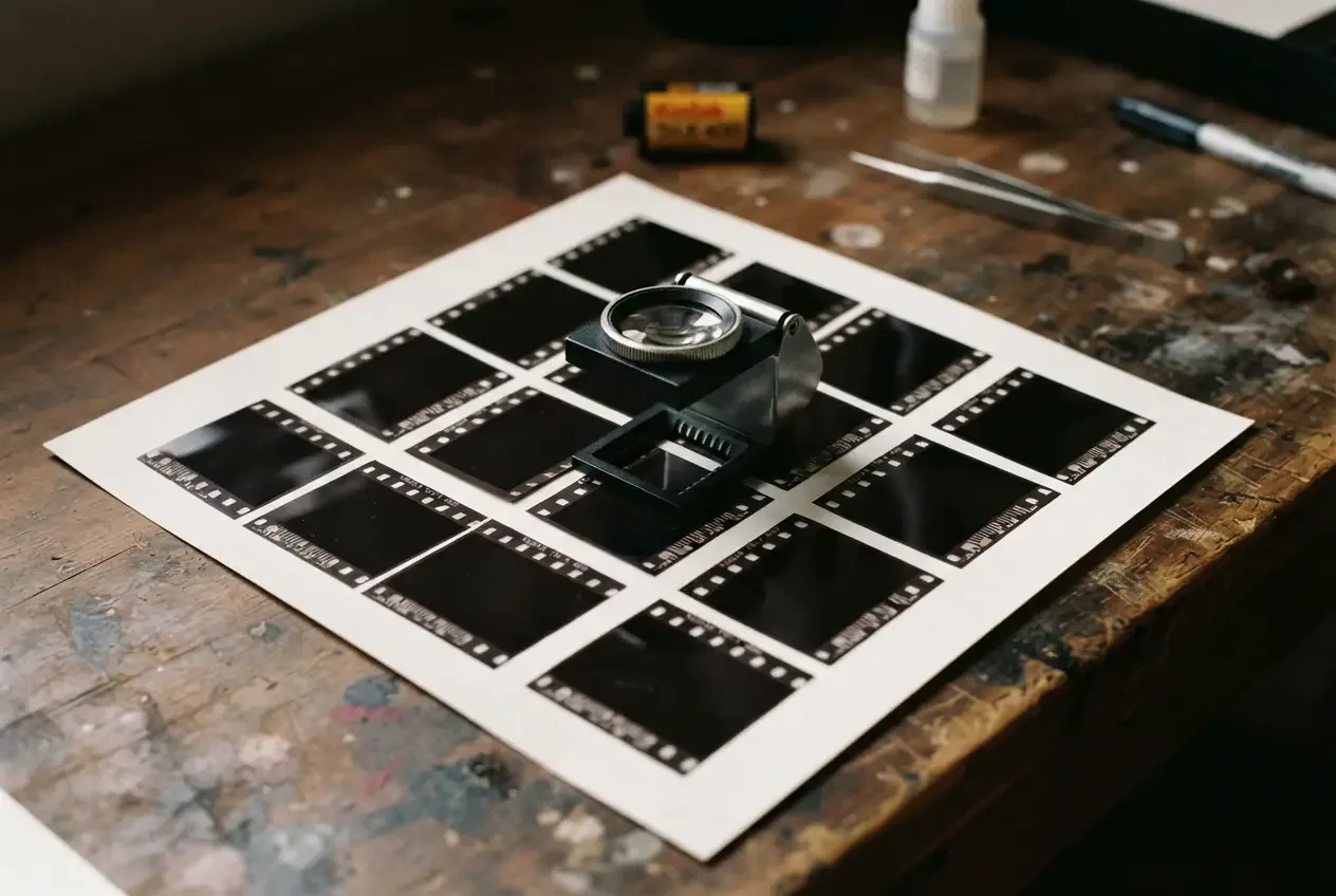 A loupe resting on a contact sheet of blank frames, grain visible
