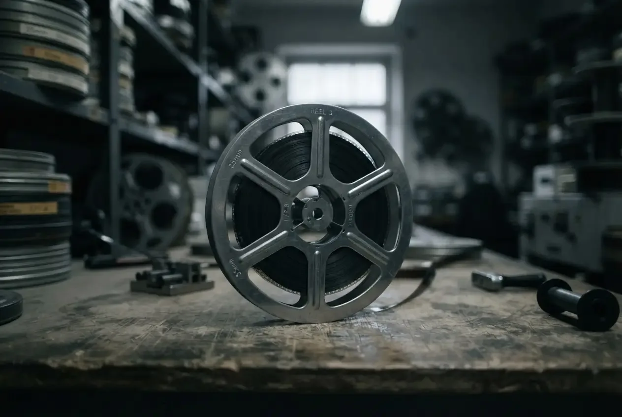 A stainless film reel half-loaded with 35mm stock, shallow depth of field, cold grey light