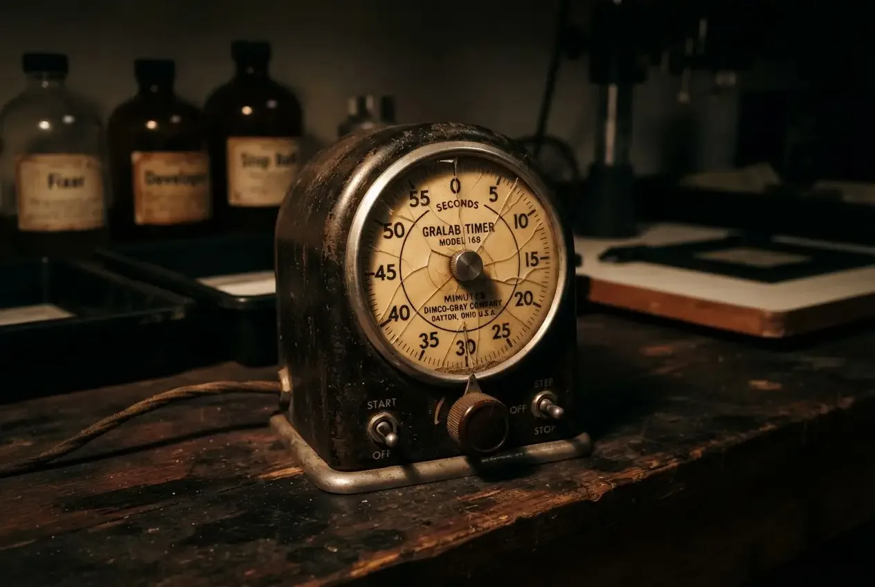 A mechanical darkroom timer with a cracked bakelite dial, lit from one side