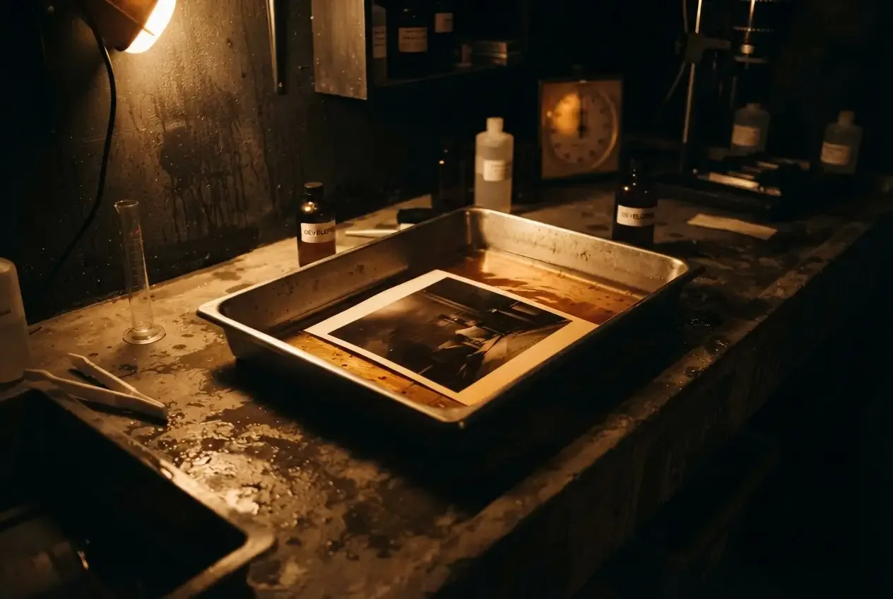 A steel developing tray on a wet concrete bench, amber safelight raking across the surface
