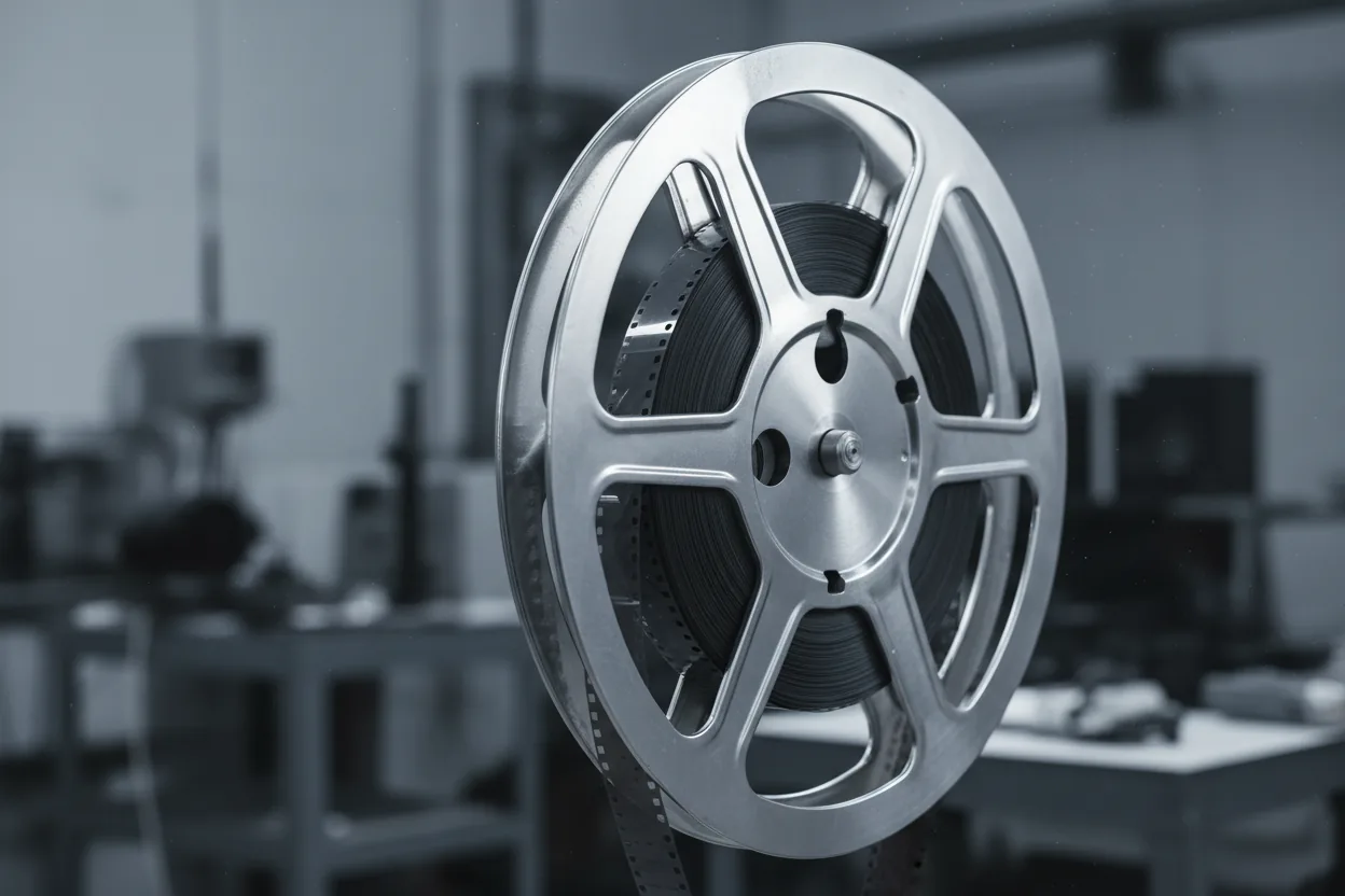 a stainless film reel half-loaded with 35mm stock, close up shot, cold grey light