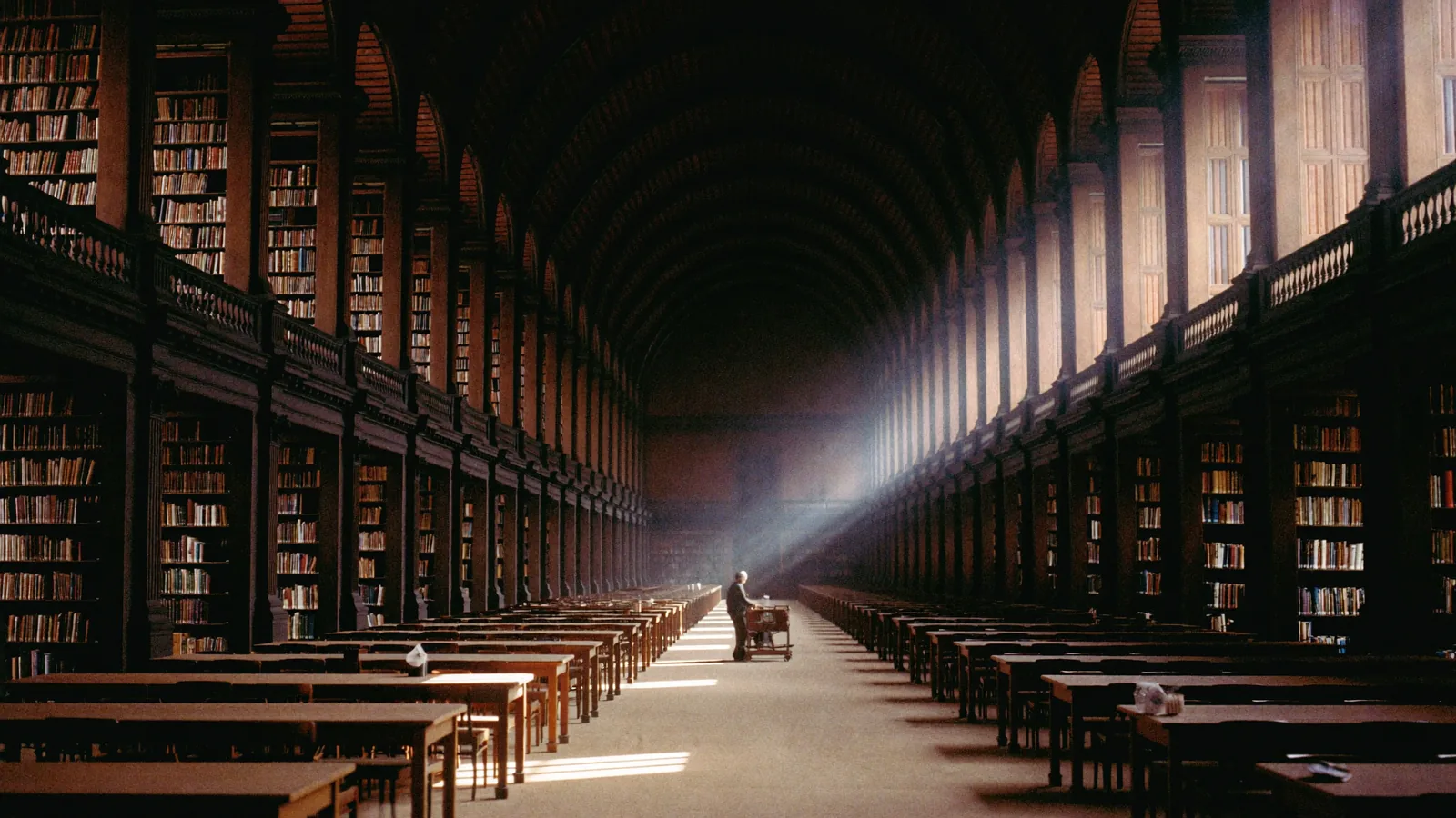 a grand library hall in exact one-point perspective, a librarian's cart crossing at the vanishing point, in a hall of long oak reading tables, tall windows down one side, dust hanging in the light, wide shot, eye level angle, 24mm prime lens, at f/8, single-source daylight through the side windows, hard shafts, true black under the far arches, palette of oak, warm white, black, patient mood, in a style described as "photographic, real film grain, no digital smoothing, deep focus, every plane sharp"