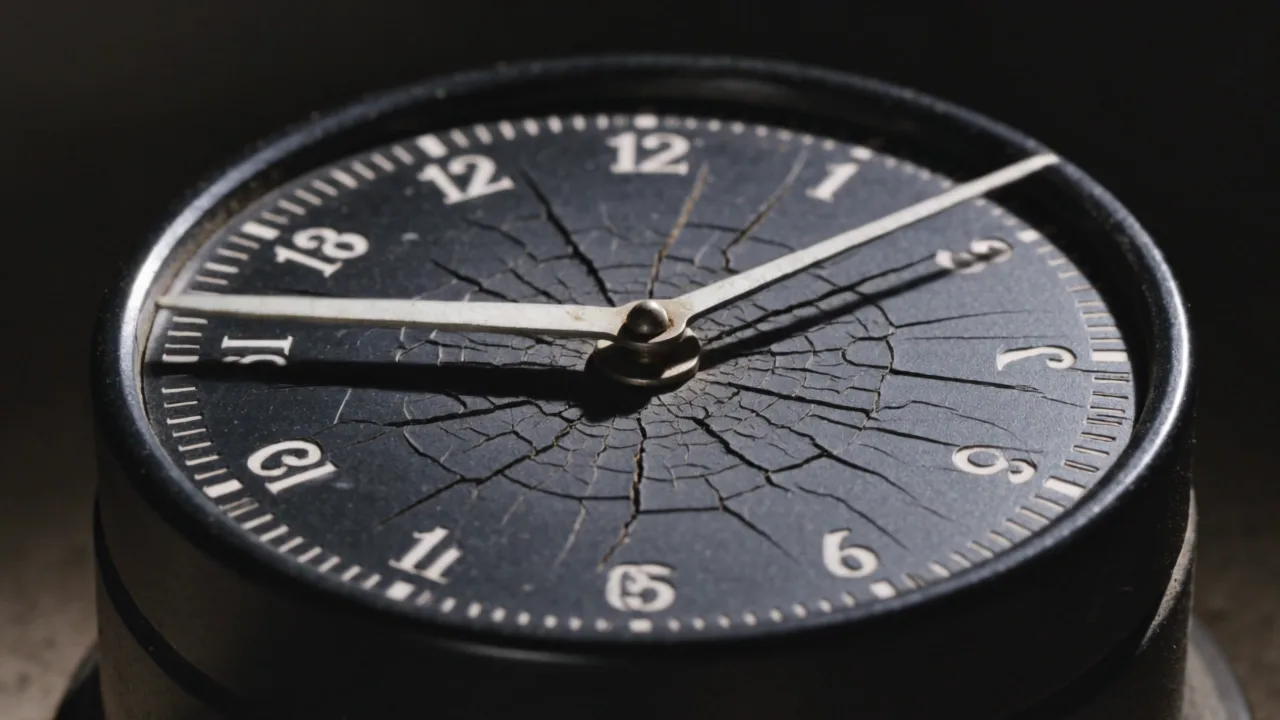 a mechanical darkroom timer with a cracked bakelite dial, the second hand sweeps once, lit from one side